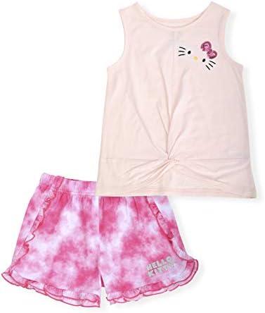 Hello Kitty Girls 2 peças camiseta de moda e um conjunto ativo curto com tampa da tampa da frente e shorts de golfinhos de moda roupas de verão