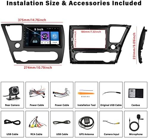 Sixwin Android 10.0 estéreo de carro para Honda Civic 2013 2014 2015 2017 com 9 HD Touch Screen | Bluetooth | GPS | WiFi | FM | Link do espelho | Subwoofer | Controle da roda de direção | Câmera traseira | microfone