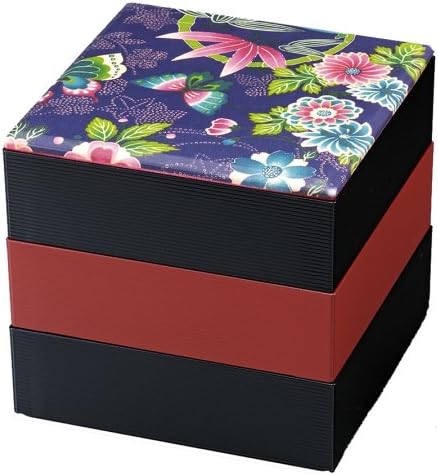 Laca japonesa Três camadas Stack Jubako Bento Caixa com design de flores, 6,50 polegadas x 6,25 polegadas