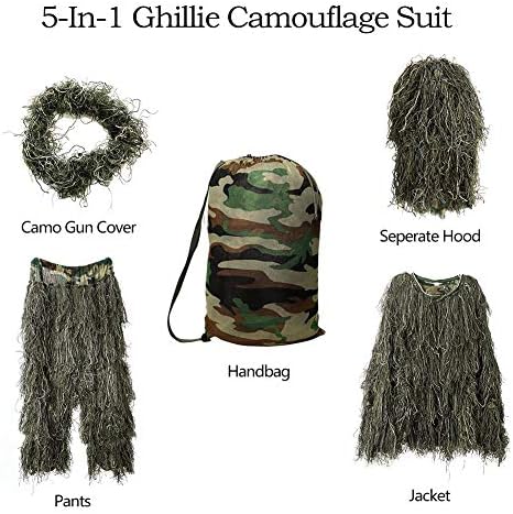 Terno Ghillie, vestuário de caça de camuflagem em 3D, incluindo jaqueta, calça, capuz, bolsa de transporte, roupas de caça de camuflagem para homens, caçadores, militares, atirador de elite Airsoft, paintball