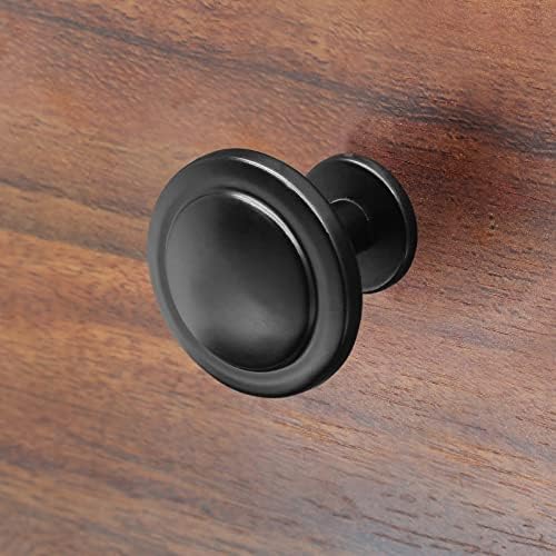BIVETHOI 6PCS botões de armário preto fosco, botões de cômoda redonda, botões de gaveta plana de 1-1/4 polegadas de