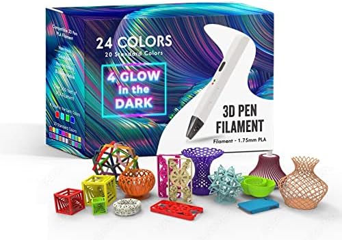 24 Cores 3D Pen Filament Reabil. Inclui 20 padrão e 4 brilho em cores escuras. 10 pés, 1,75 mm cada. Funciona muito bem