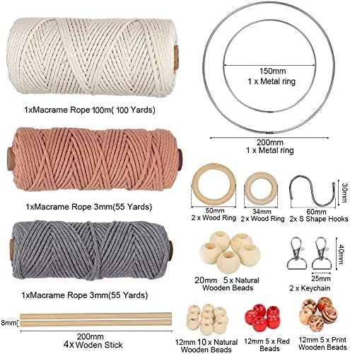 Kits de macram de uhapeer para iniciantes para adultos com 656 pés 3 mm Cordão de algodão macrama, kit de cabide de macram