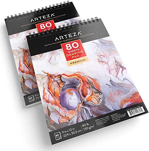 Arteza 9x12 Draw Pad, pacote de 2, 160 folhas, livros de desenho de artistas em espiral, 80 folhas cada, papel de esboço