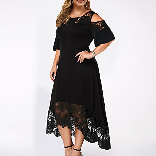 Vestidos de tamanho grande feminino Lace ombro frio manga curta uma linha casual longa e plana de festa maxi vestido