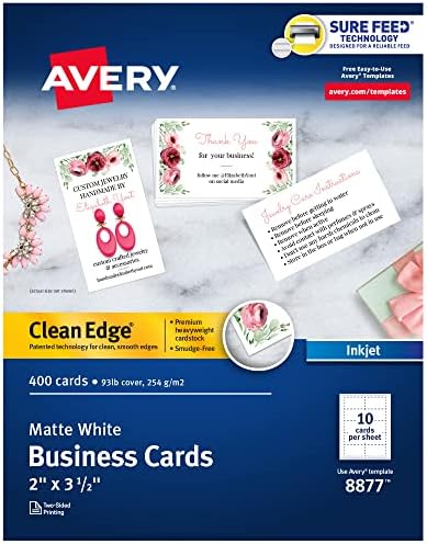 Cartões de visita imprimíveis de Avery, impressoras a jato de tinta, 400 cartões, 2 x 3,5, borda limpa, pesos pesados ​​e rótulos de
