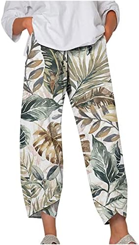 Calças de cintura elástica de perna larga de verão, calças de verão femininas calças de praia floral de praia alta boho com bolsos
