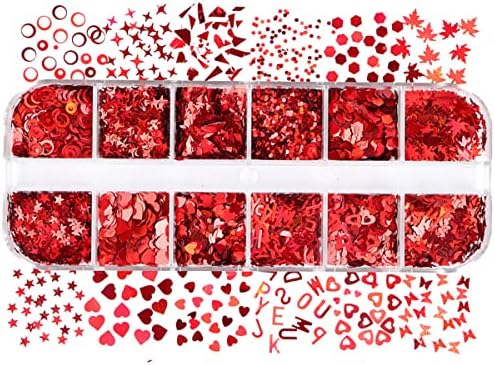 12 grades 3d Coração Glitter Litores Red Starters de arte de unhas vermelhas Decalques Decalques de Butterfly letra de coração Flocos