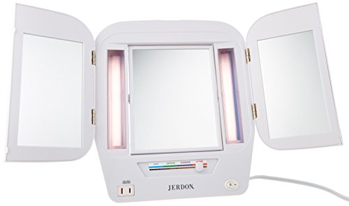 Jerdon Modern Tri -Fold Makeup espelho com luzes - espelho de vaidade com ampliação de 5x e múltiplas configurações de luz