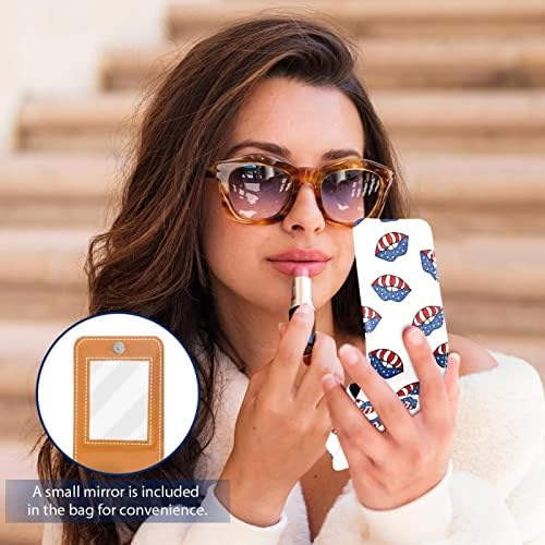 Mini estojo de batom com espelho para bolsa, American Flag Lips Lips Portable Case Organizador