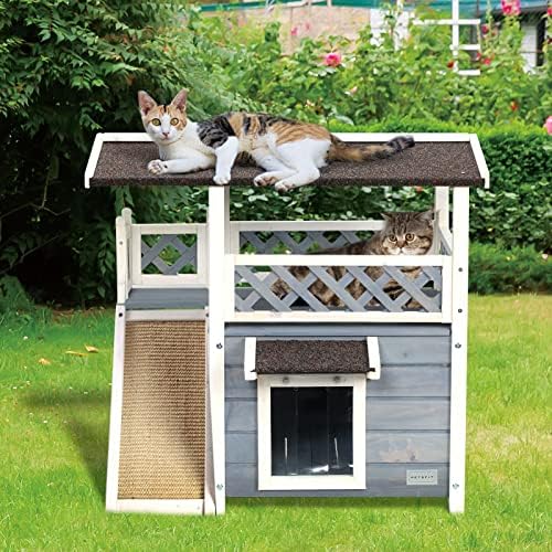 Morhome Cat House ao ar livre e interno, casa de gatos para gatos ao ar livre à prova de intempéries com bloco de arranhões e porta de fuga, fora do abrigo selvagem de gatos para 1-2 gatos
