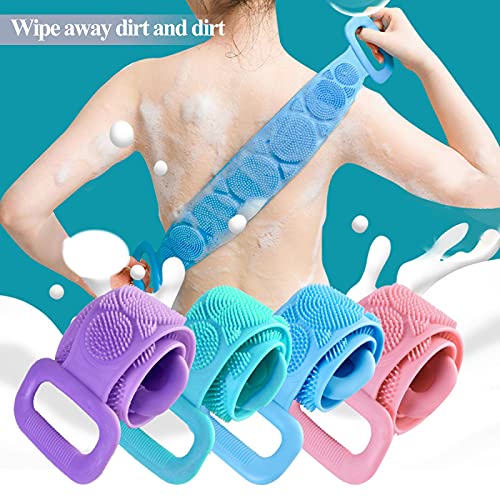 2 pedaços 70cm 27in Bath Bath Bath pincel esfoliando duplo lateral de silicone traseiro de lavador de lavagem longa Limpeza de chuveiro para homens Mulheres fáceis de limpar （azul/rosa