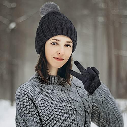 Conjunto de luvas de cachecol de chapéu de inverno para mulheres, lã quente forrada pom -chapéu de gorro mais quente e luvas de tela sensível ao toque