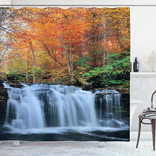 Cortina de chuveiro de cachoeira de Ambesonne, cachoeiras no parque natural da estação do outono com árvores de folhagem coloridas,