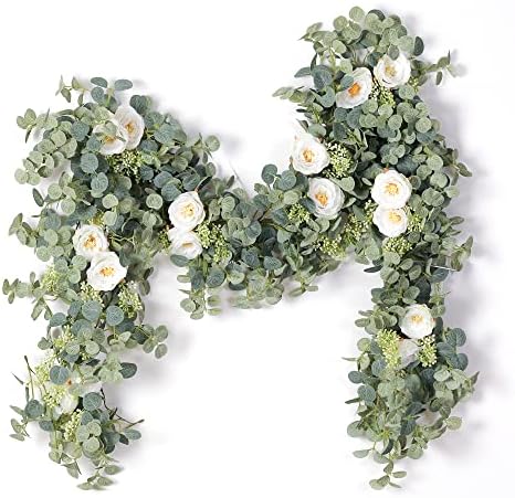 Party alegria de 6,56 pés eucalipto guirlanda com flores-8 rosas brancas, flores falsas artificiais Garland videiras florais para decoração mesa de casamento de festa de casamento decoração de parede de cenário externo interior