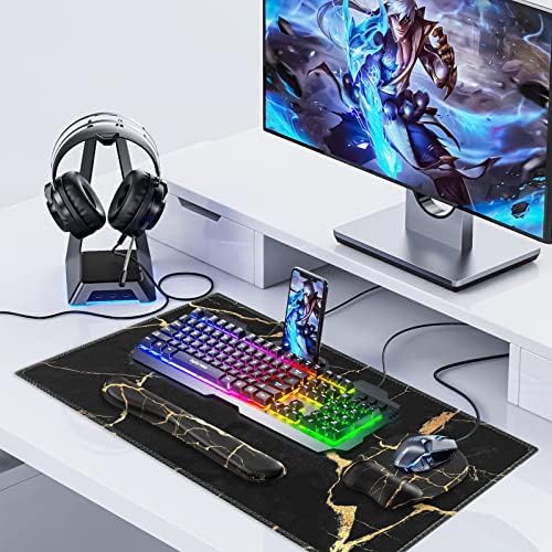 Suporte ao pulso do mouse de todos os jogos de jogo, descanso de pulso do teclado, tapete de mesa, bloco de mesa ergonômico de 4 em 1 em um conjunto de montanha-russa, mousepad antiderrapante para o escritório em casa, mármore de ouro preto