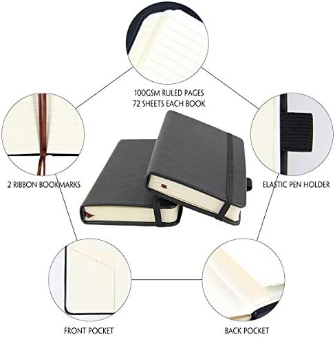 Pocket Notebook 3,5 x 5,5, pequeno periódico de capa dura com portador de caneta, bolsos internos, papel de 100gsm de espessura/forro, preto