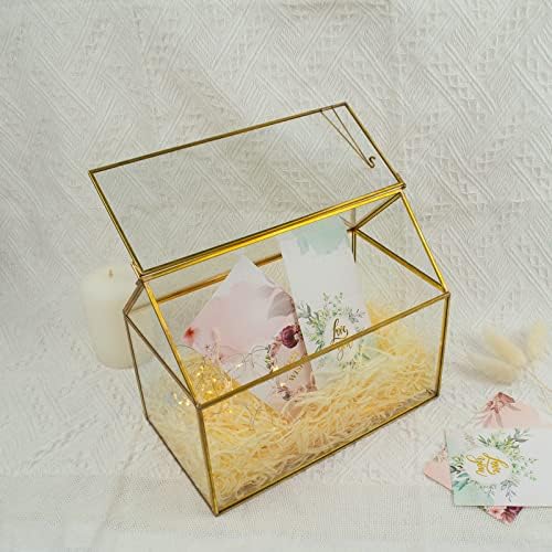 Yimorence v Gold Wedding Wedding Glass Card Caixa - Grande titular do cartão de casamento Gold Handmade Brass Vintage House
