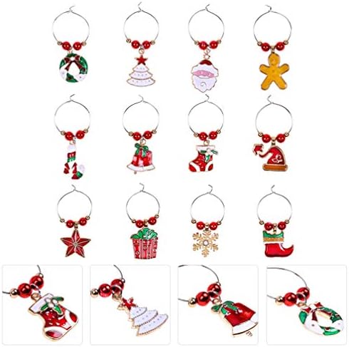 Valiclud Tabs Color de Natal Marcadores de bebedeira 12pcs Charms de vidro de vinho Tags Santa Bell Wreath Tree Snowflake