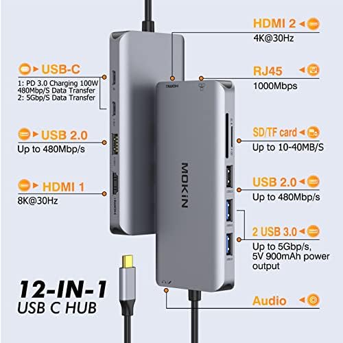 Monitores duplos da estação de ancoradouro USB C, dual hdmi 12 em 1 hub USB C com 4K HDMI, carregador de 100w PD, transferência