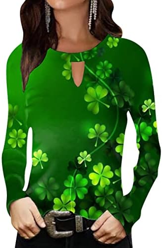 Yming Womens St. Patricks Day Hechole pescoço camisa de manga comprida trevo impressão de jumper tampo de pulôver de trecho de tamanho