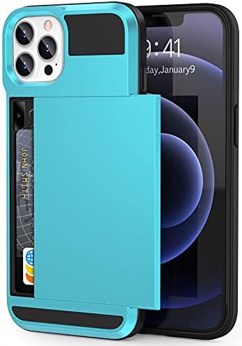 Caso de Anuck para iPhone 13 Pro Max Case com porta -cartão, Caixa de carteira de serviço pesado à prova de choque [slot para cartão de crédito] [tampa da slide] Anti -arranhão da camada de camada dupla armadura Caixa de proteção de proteção - azul -claro - azul claro