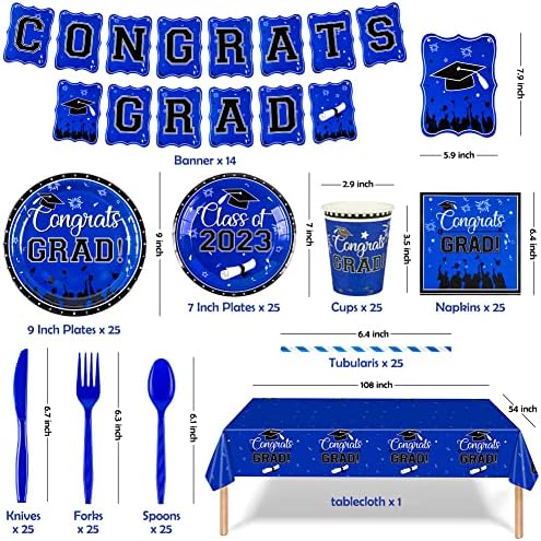 Oliker Graduation Decorations Class de 2023, Placas de graduação descartáveis ​​azuis e guardanapos Banner de toalhas
