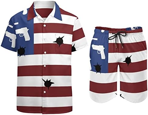 American Flag Guns and Bullet Hole, roupas de 2 peças de 2 peças da praia Button Hawaiian Down Short Sleeve Camisa