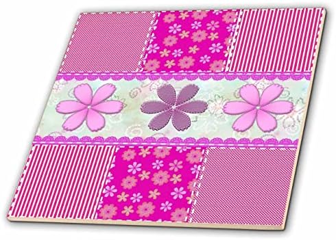 Imagem 3drose de nove quadrados de listras rosa e flores pop em um quadrado - azulejos