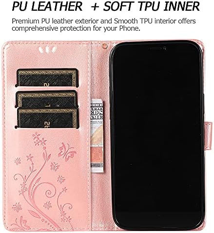 Caixa de telefone Felico Compatível com o iPhone 13, [Recurso do Kickstand] PU MAGNETA DE BORTERFLY FLOR MAGNÉTICA DA BORTURA [STORTE do cartão] [pulseira] Tampa protetora, Casos de flip de shinestone de 6,1 polegadas de ouro rosa de 6,1 polegadas