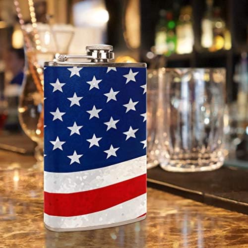 Balão de quadril para bebidas inoxidáveis ​​à prova de vazamentos de aço inoxidável com funil 7,7 oz de couro, ótima idéia de presente de frasco - American Flag Stars Strets Stripes