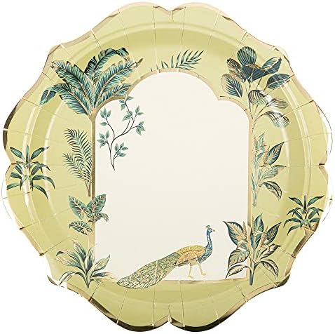 8 Placas de pavão frustrado verde e dourado, luxuosas decorações de mesa de festas de chá da tarde, pratos de papel de pássaro, pratos de luxo