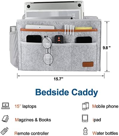 Caddy à beira do leito, tamanho grande 15.7'Ix9.8 '' polegada para organizador de armazenamento de cama, caddy pendurado na cama com 8 bolsos para laptop, revista, suporte remoto, usando dormitório, cama, presente de armazenamento infantil, presente de organizador, cinza claro