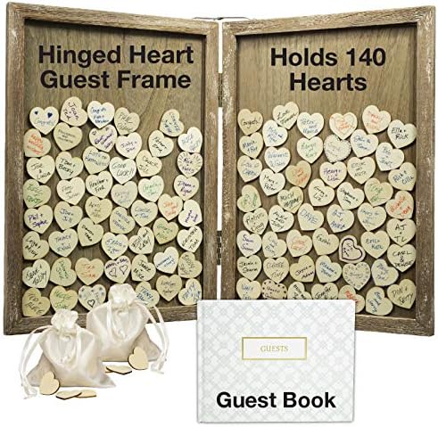 Convidado de casamento Drop Top Frame Casamento Livro de convidados alternativo com 140 corações de madeira em branco, um livro de visitas tradicional, moldura de imagem. Articulado para facilitar a tela de mesa