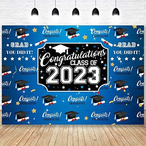 Tecido Negeek 10 × 8ft Parabéns Classe de 2023 Cenário de graduação Black e Blue Bachelor Cap Decorações para Party Retrato Party