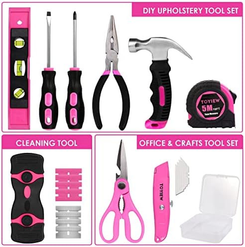 Toyiew Pink Staple Gun Tool Set para mulheres, kit de ferramentas para mulheres para casa com pistola de grampos de 3 em