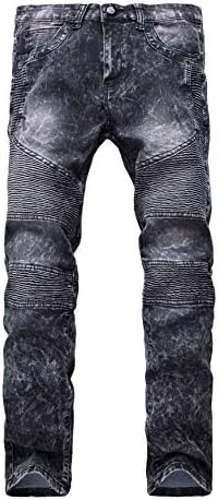 Andongnywell Motocicleta masculina Slim Fit Pleated Leggings Calça de jeans skinny com zíper Bollow Pocket