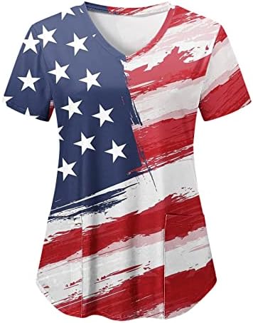 4 de julho Tshirt para Women USA FLAND SMERTRO DE MANAGEM CURTO V-SHIRT DECK V com 2 bolsos Bloups Holiday Casual Workwear