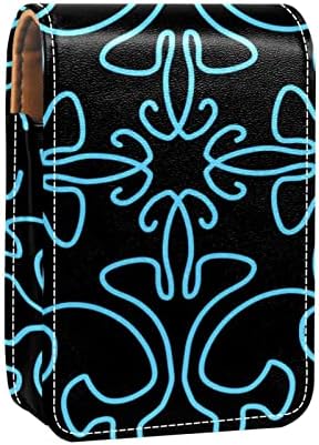 Mini maquiagem de Oryuekan com espelho, bolsa de embreagem Leatherette Lipstick Case, Blue Ethnic Pattern Retro Black