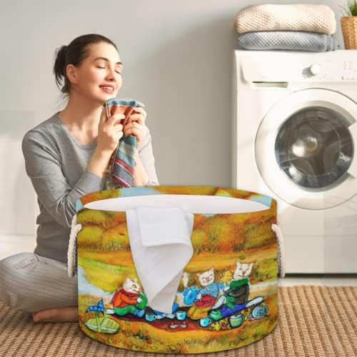 Olá, folhas de outono e gato fofo cestas redondas grandes para cestas de lavanderia de armazenamento com alças cestas