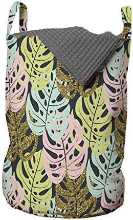 Bolsa de lavanderia colorida de Ambesonne, padrão de folhas tropicais do tema exótico com arte natural de monstros,