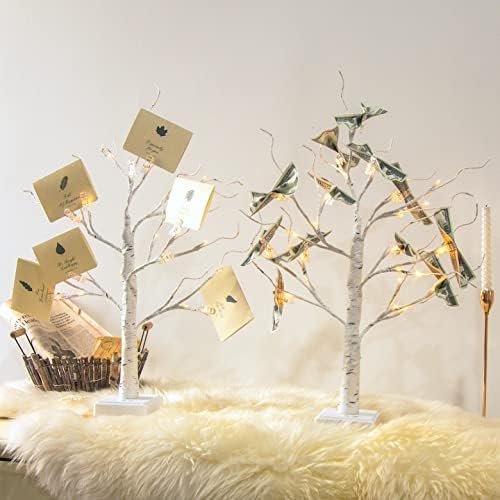 Titular do Presente da Árvore do Dinheiro Vanthylit de 2, 24 LEVias LEDs Luzes brancas quentes timer de bateria, com 24 clipes e 12 cartões de felicita