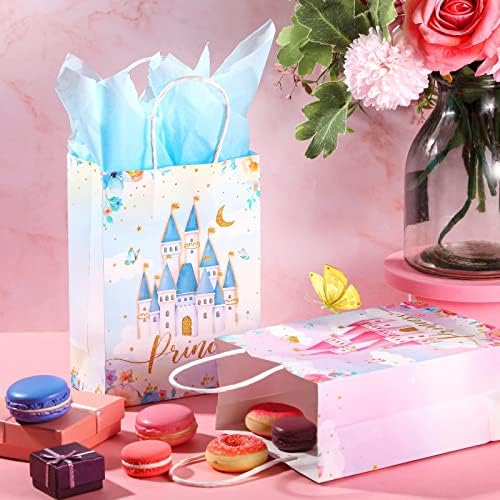 Nezyo 16 Set Party Favor Sacos com papel de seda, Prince e Princess Candy Goodie Gift for Birthday Floral Castle Crown Garot