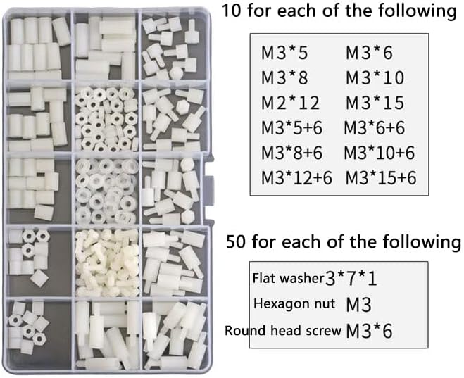 Kit de sortimento de nylon redondo de parafuso de nylon de plástico Crapyt para eletrônicos, hardware, iluminação