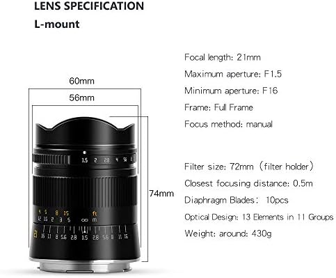 Ttartisan 21mm F1.5 Lente de câmera de fama ASPH PARA L MOLTE SISTEMA, Panasonic S1 S1R S1H S5, Sigma FP, Leica