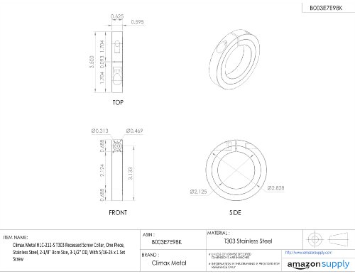 CLIMAX METAL H1C-212-S T303 Collar de parafuso embutido, uma peça, aço inoxidável, tamanho de 2-1/8 , 3-1/2 OD,