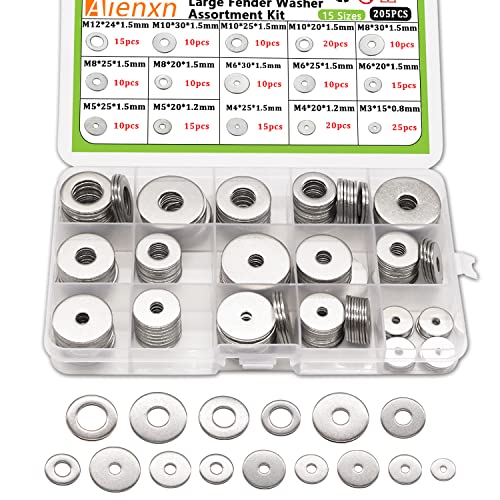 Aienxn 205pcs 15 tamanhos métricos 304 Aço inoxidável Lava-lamas grandes kit de sortimento para instalação de móveis,