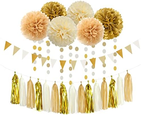 Decorações de festas de champanhe em ouro branco - 23pcs de tecido pom pom poms streamers, bandeira de guia de noivado de casamento de casamento, despedida de guirlanda de bachelorette de aniversario neutro