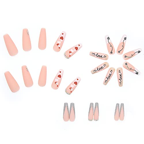 Pressione as unhas 24 PCs Long Coffin Fake Unhas cola em unhas para mulheres meninas adolescentes com adesivo de cola e unhas, Love Heart Rhinestone Ballet Long False unhas