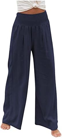 Calça de linho para mulheres elásticas de cintura alta calça solta perna larga cor sólida corda de cor emendas folgadas calças